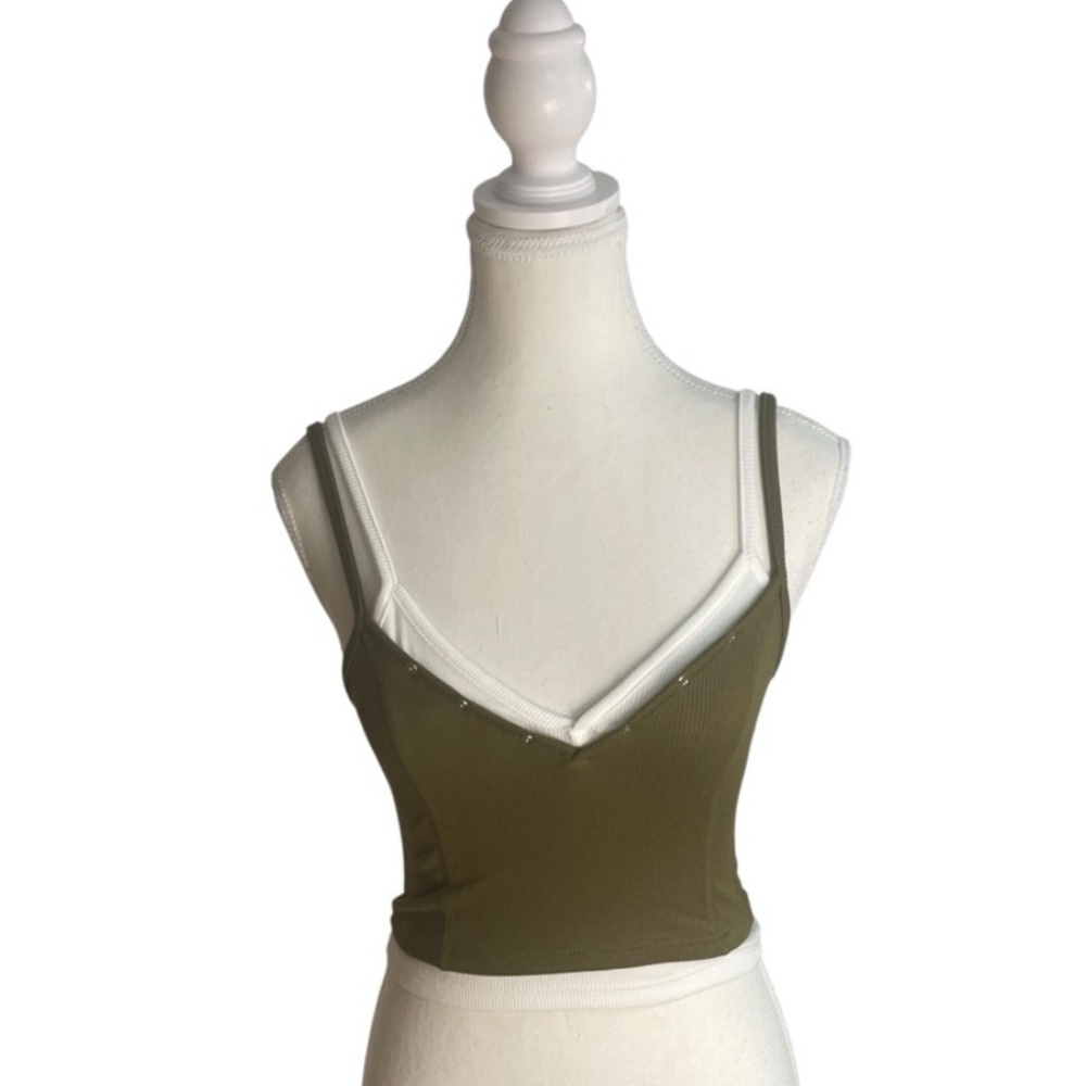 UO BDG Brooke Double Layer Cami Crop Top Green White